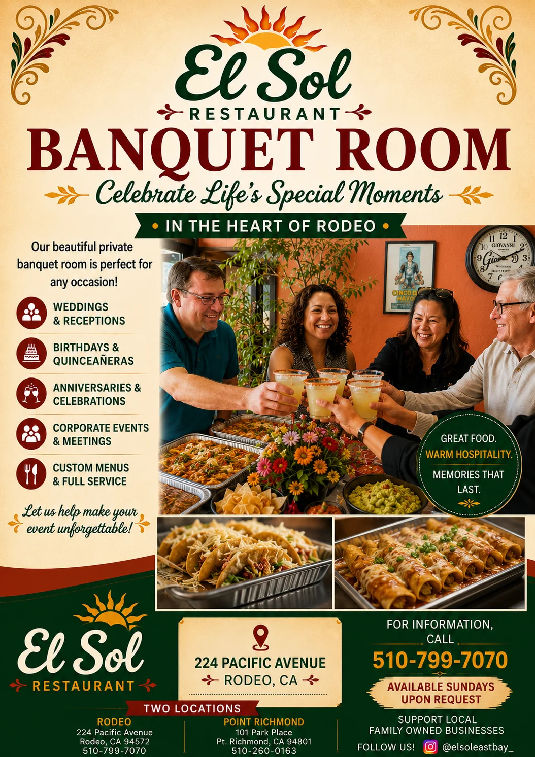 El Sol Restaurant banquet room flyer with celebratory dining and catered Mexican dishes