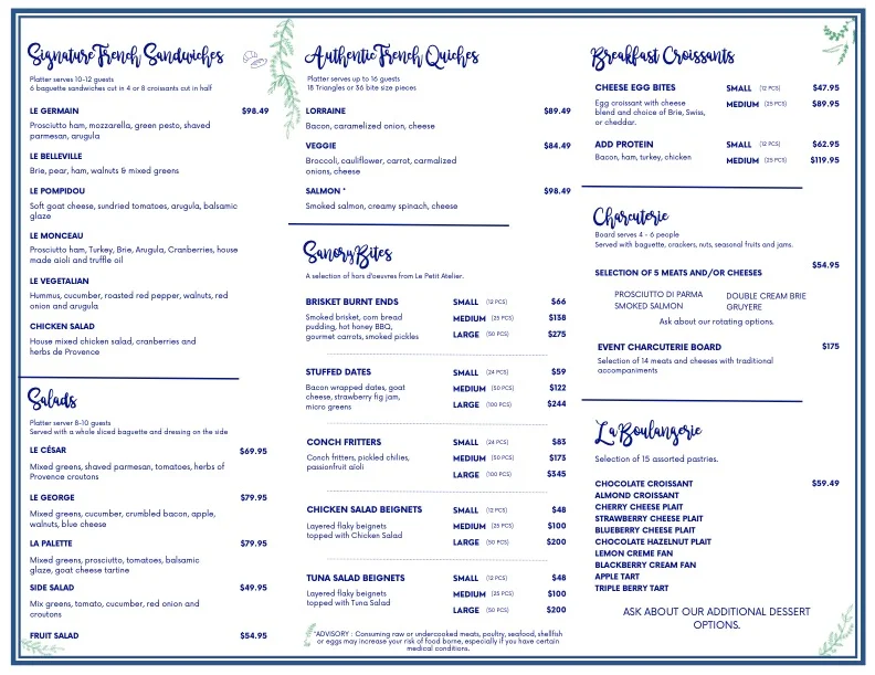 Catering menu featuring various food options and pricing.