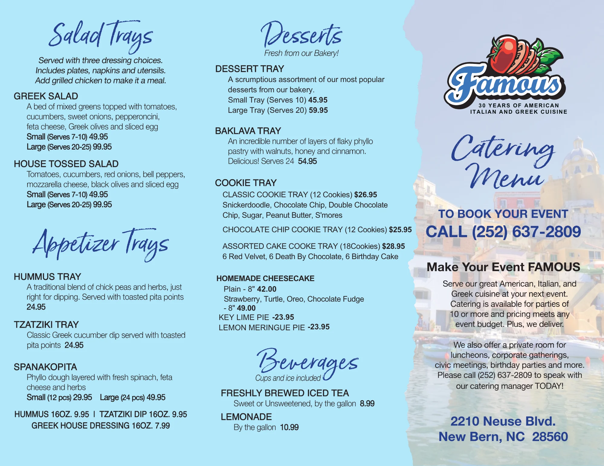 Catering menu featuring various food options and pricing details.
