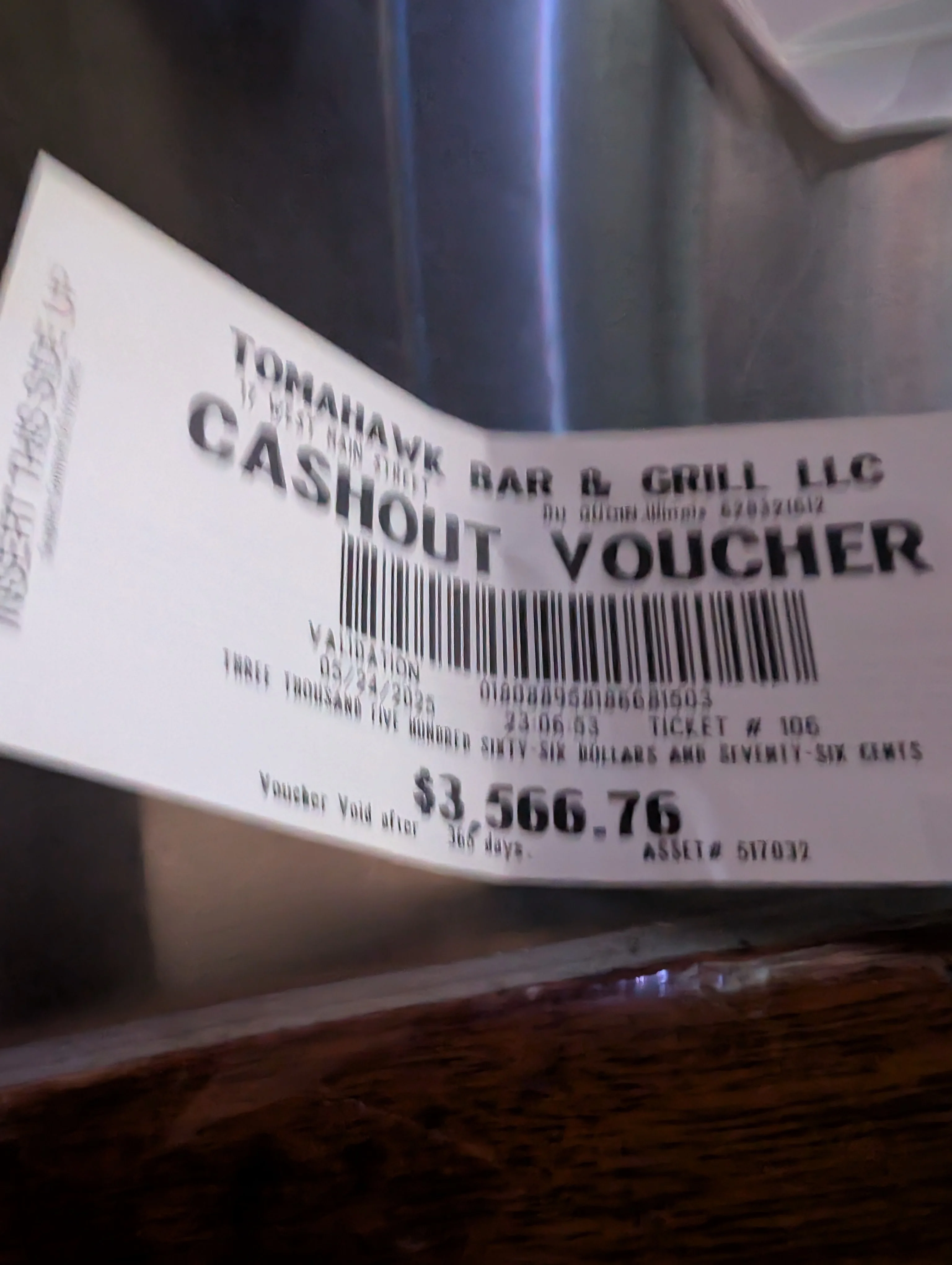 Cashout voucher from Tomahawk Bar & Grill