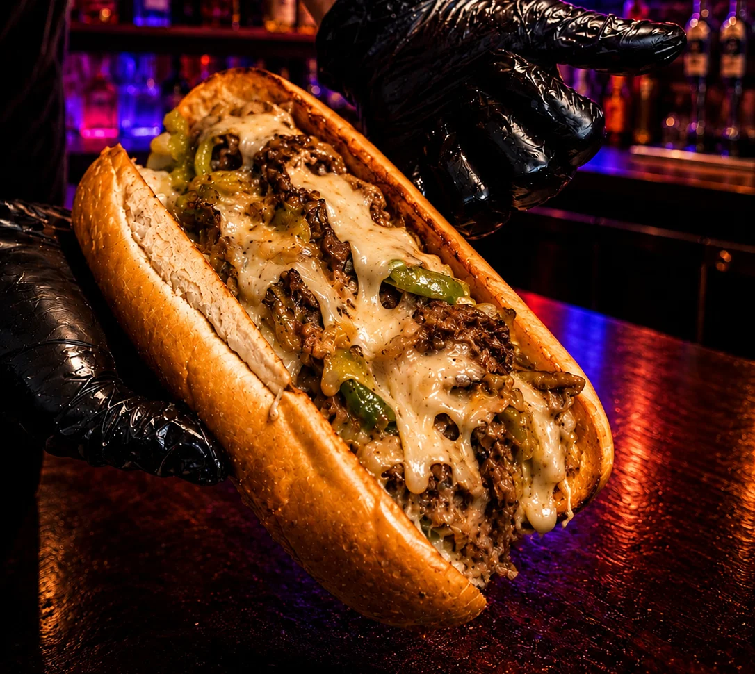 Loaded cheesesteak sandwich ready to eat