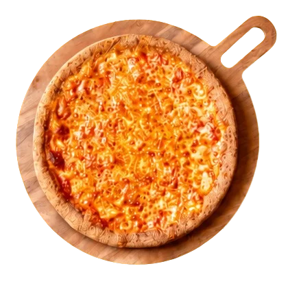 Cheesy Margherita pizza on a wooden board