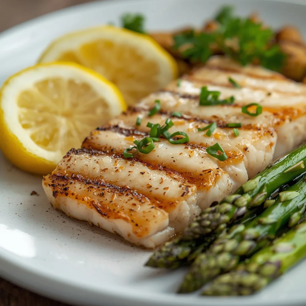 A beautifully plated fish dinner with vegetables and garnishes.
