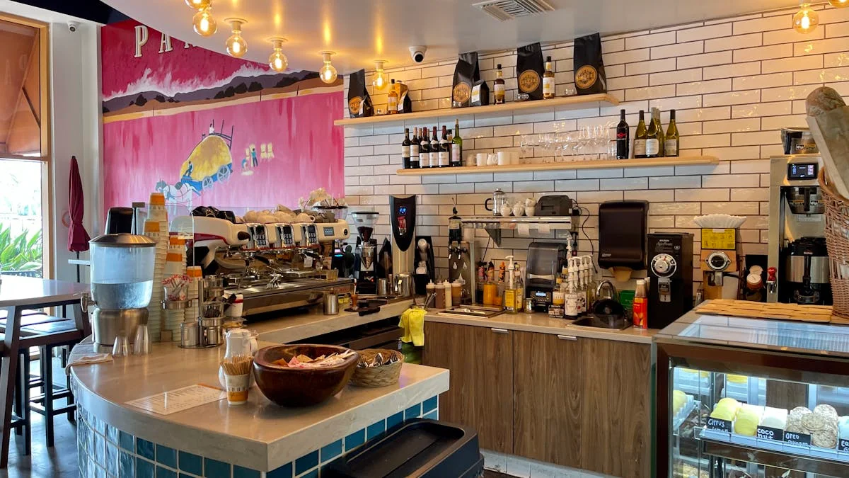 Modern café interior with coffee equipment and vibrant mural