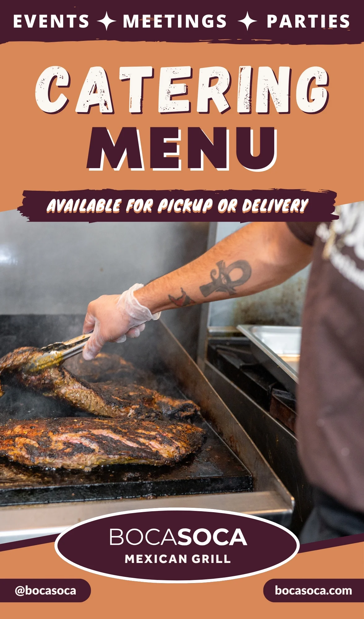 Grilled carne asada sizzling on a flat top grill