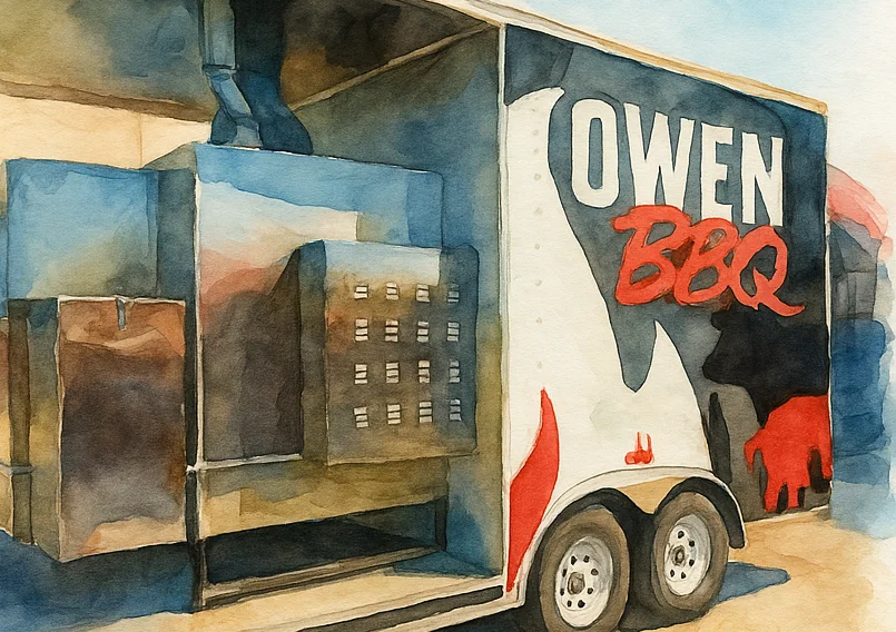 Mobile BBQ food truck with a vibrant design and cooking equipment