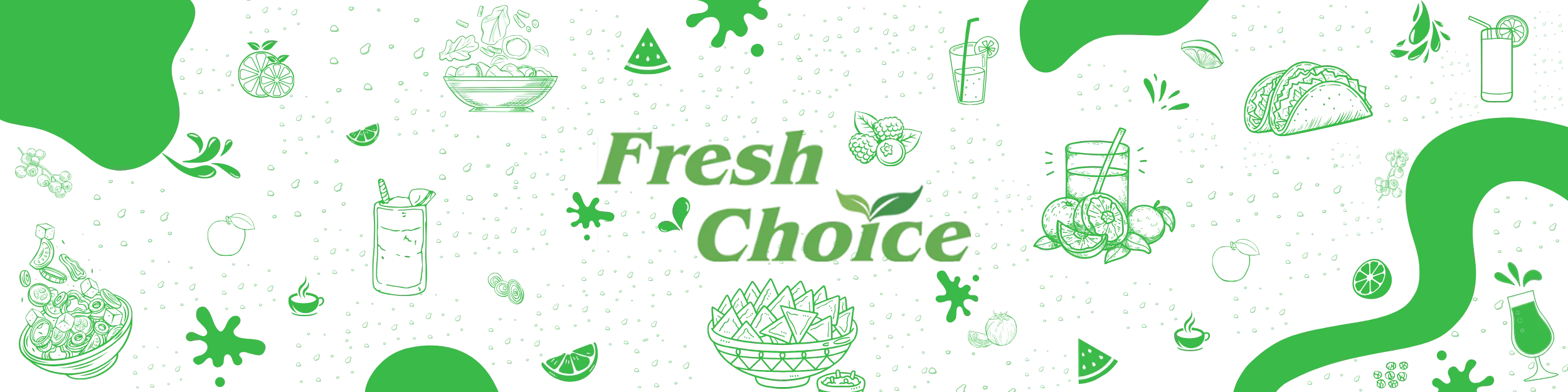 Colorful food illustration featuring fresh salads and beverages
