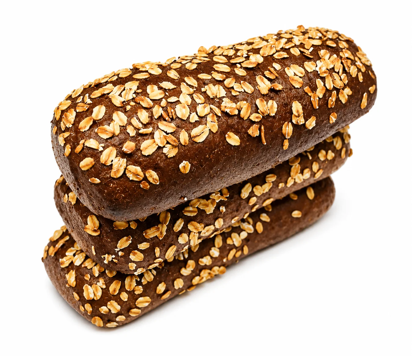 Three chocolate oat bars stacked, topped with oats.