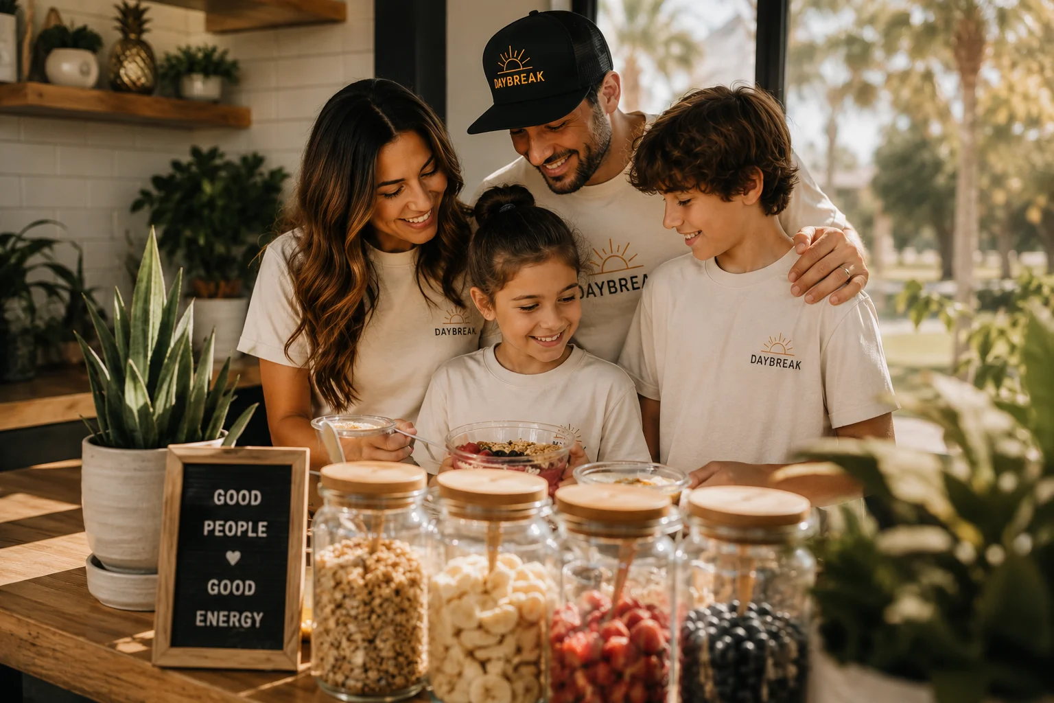 Family enjoying healthy food together in a bright restaurant setting.