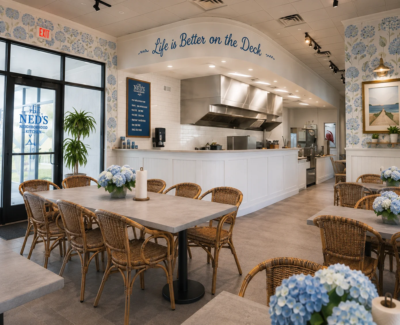 Cozy restaurant interior with floral decor and inviting seating