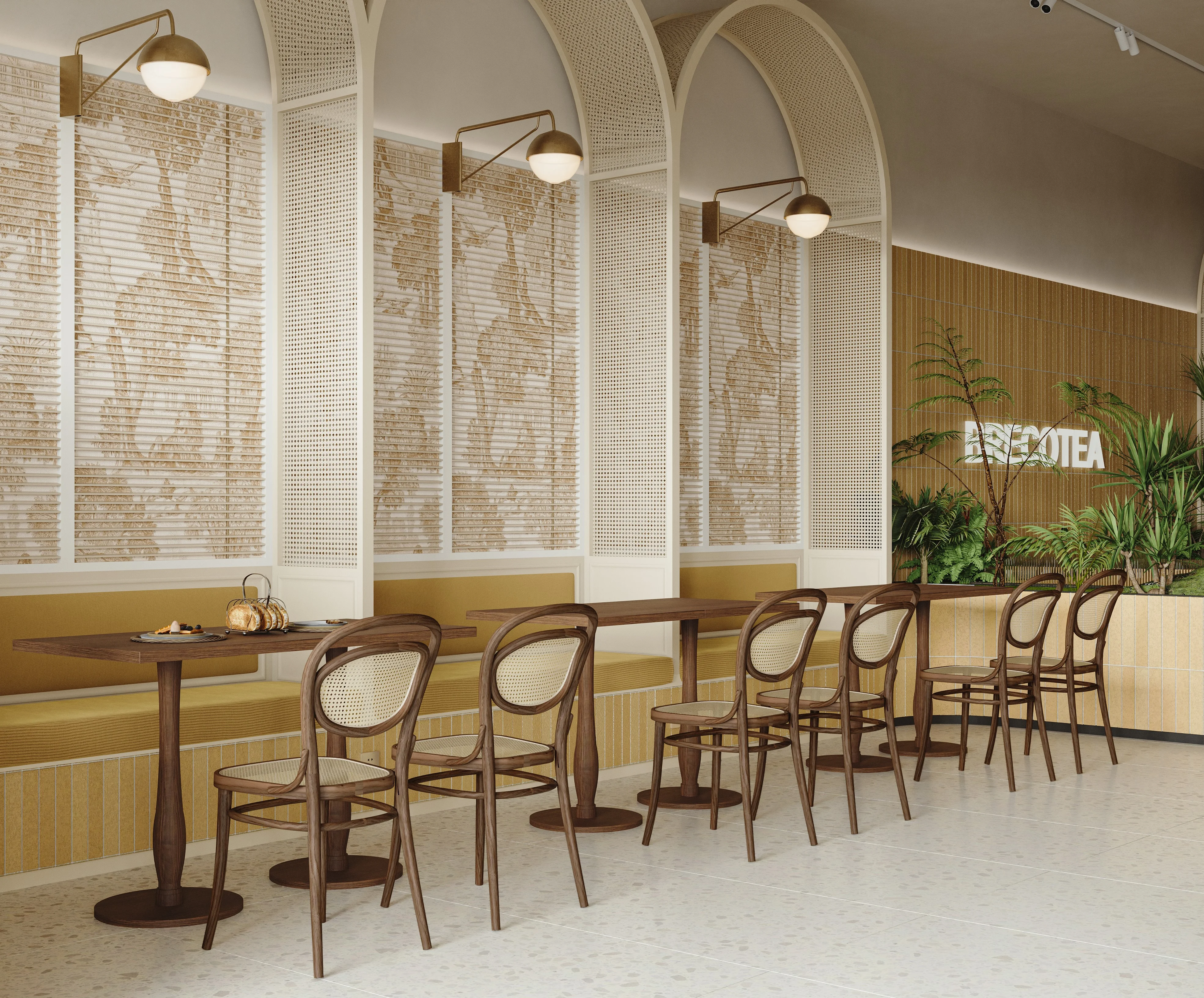 Modern restaurant interior with elegant seating and decor