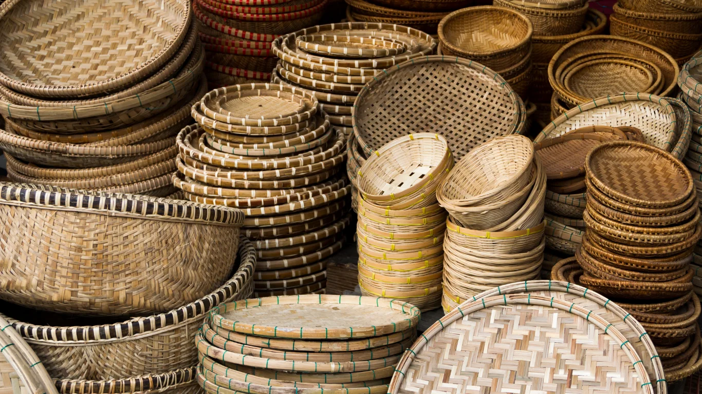 Variety of handcrafted wicker baskets stacked together