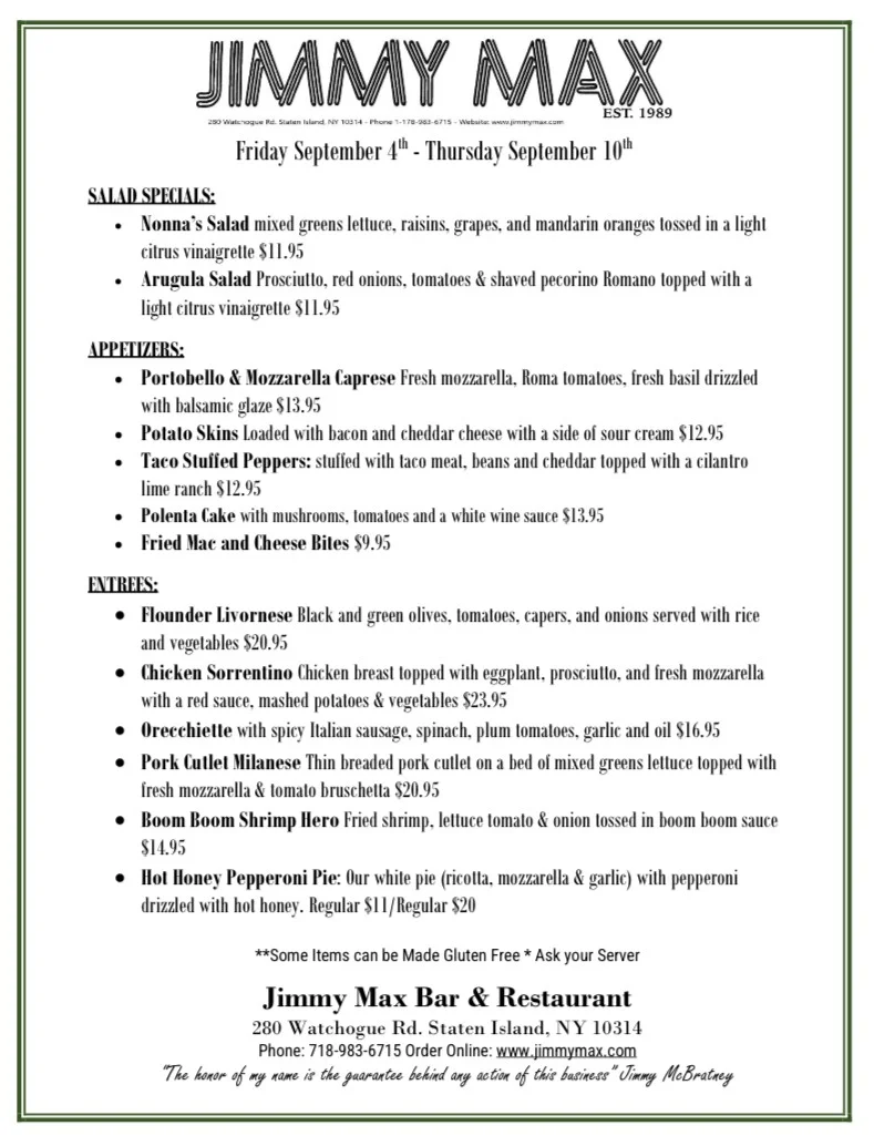 Jimmy Max Weekly Menu Specials