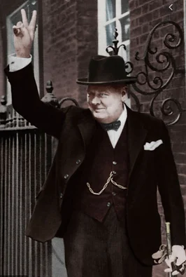 Historical figure giving a peace sign in formal attire