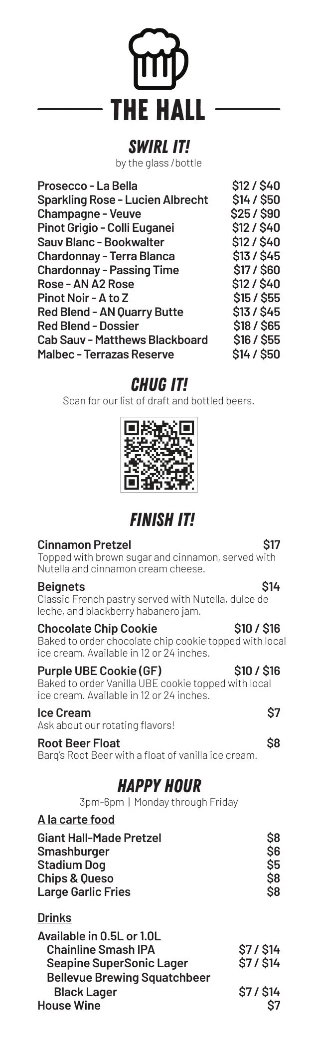 Wine and dessert menu at a casual dining restaurant