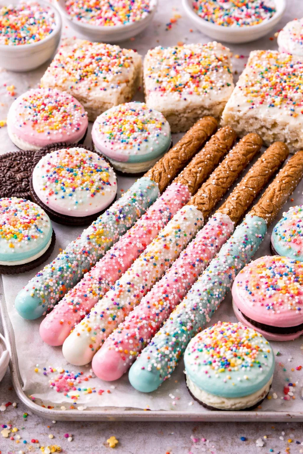 Colorful candy-coated treats arranged on a tray.