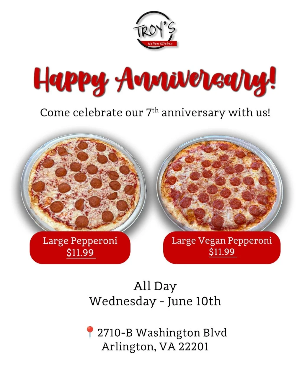 Large pepperoni and vegan pepperoni pizzas for anniversary celebration