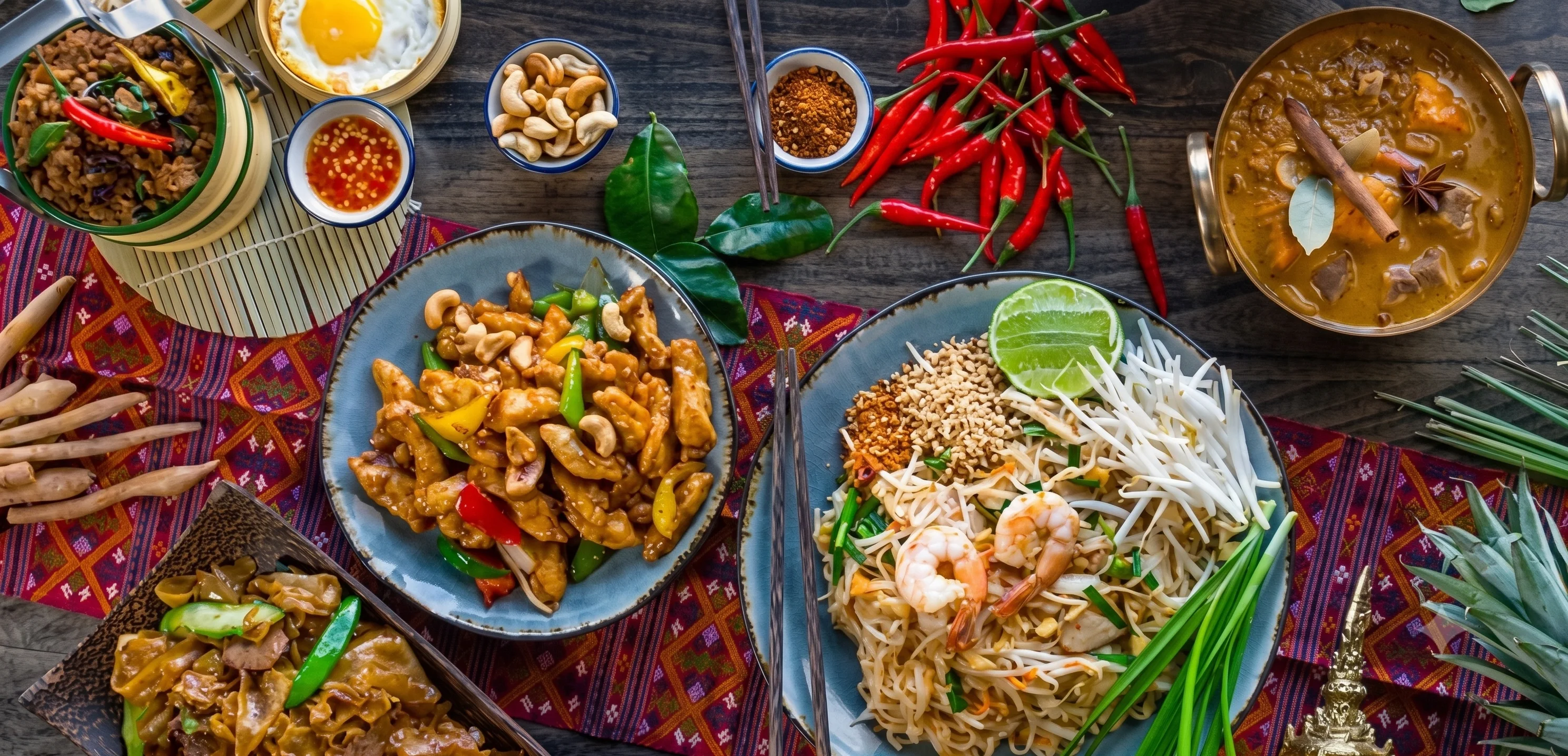 Assorted Thai dishes including pad thai and curry