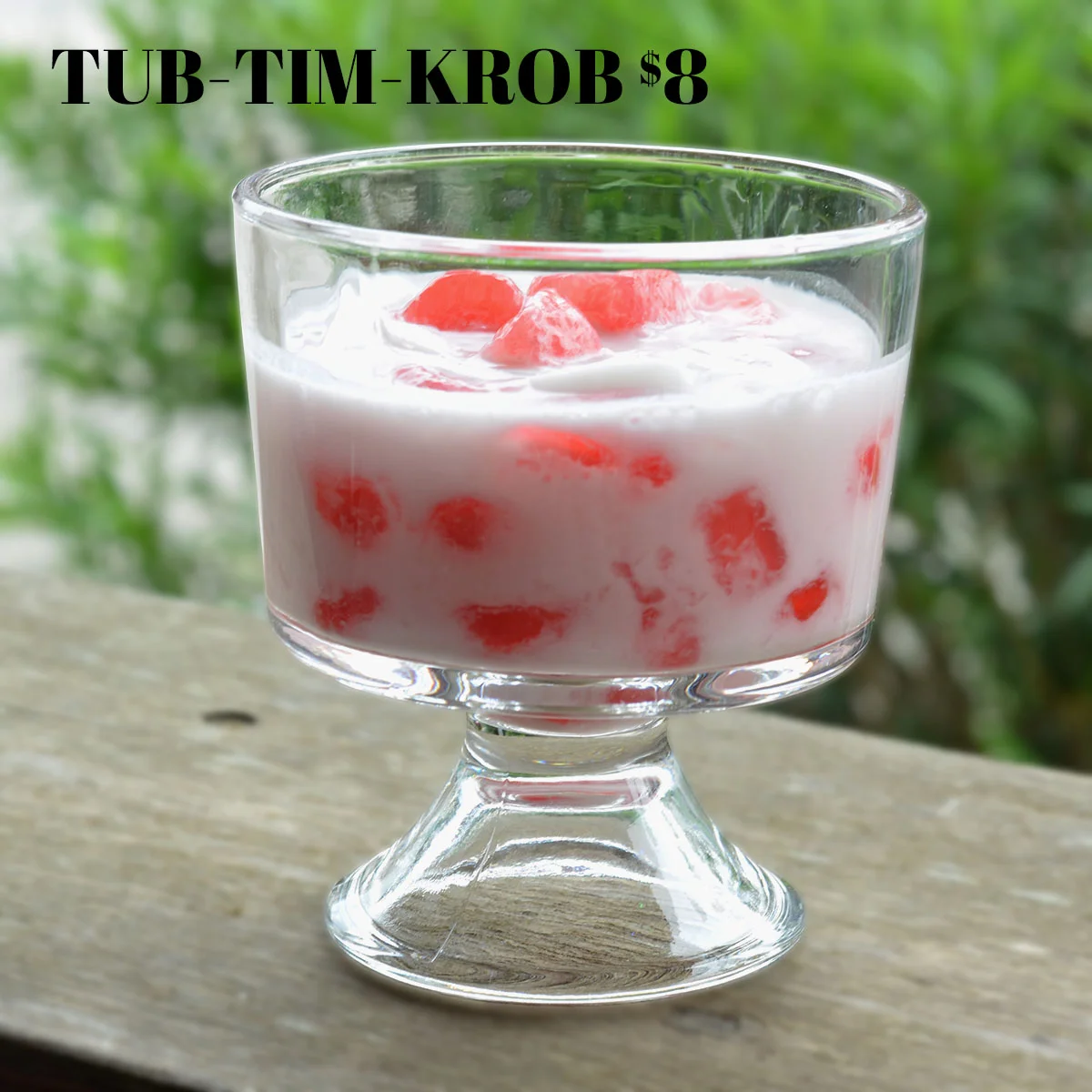 Thai tub tim krob dessert in a glass bowl