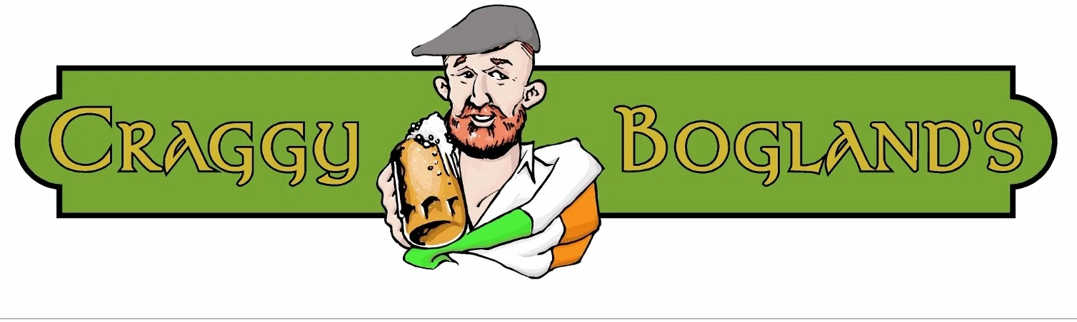 Logo of Craggy Bogland's pub featuring a man with a beer