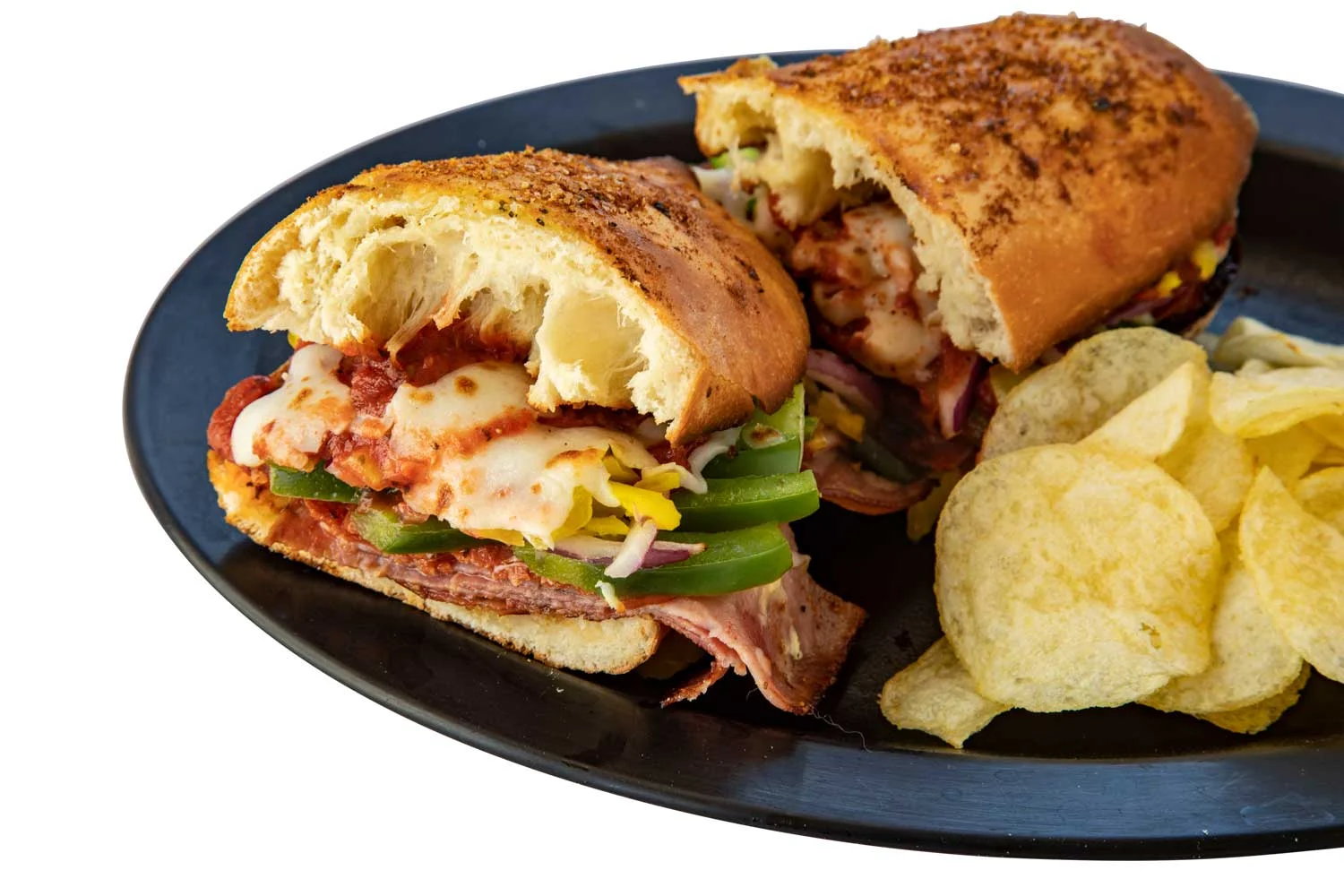 Italian sub sandwich with melted cheese and fresh vegetables