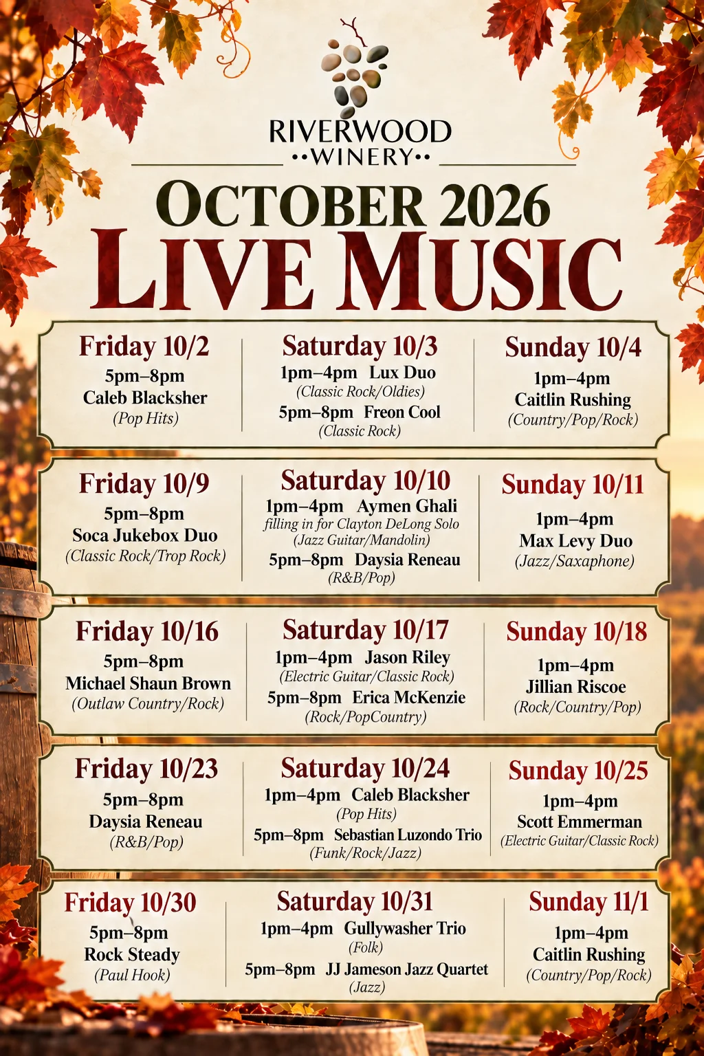 Riverwood Winery October 2026 live music event calendar signage