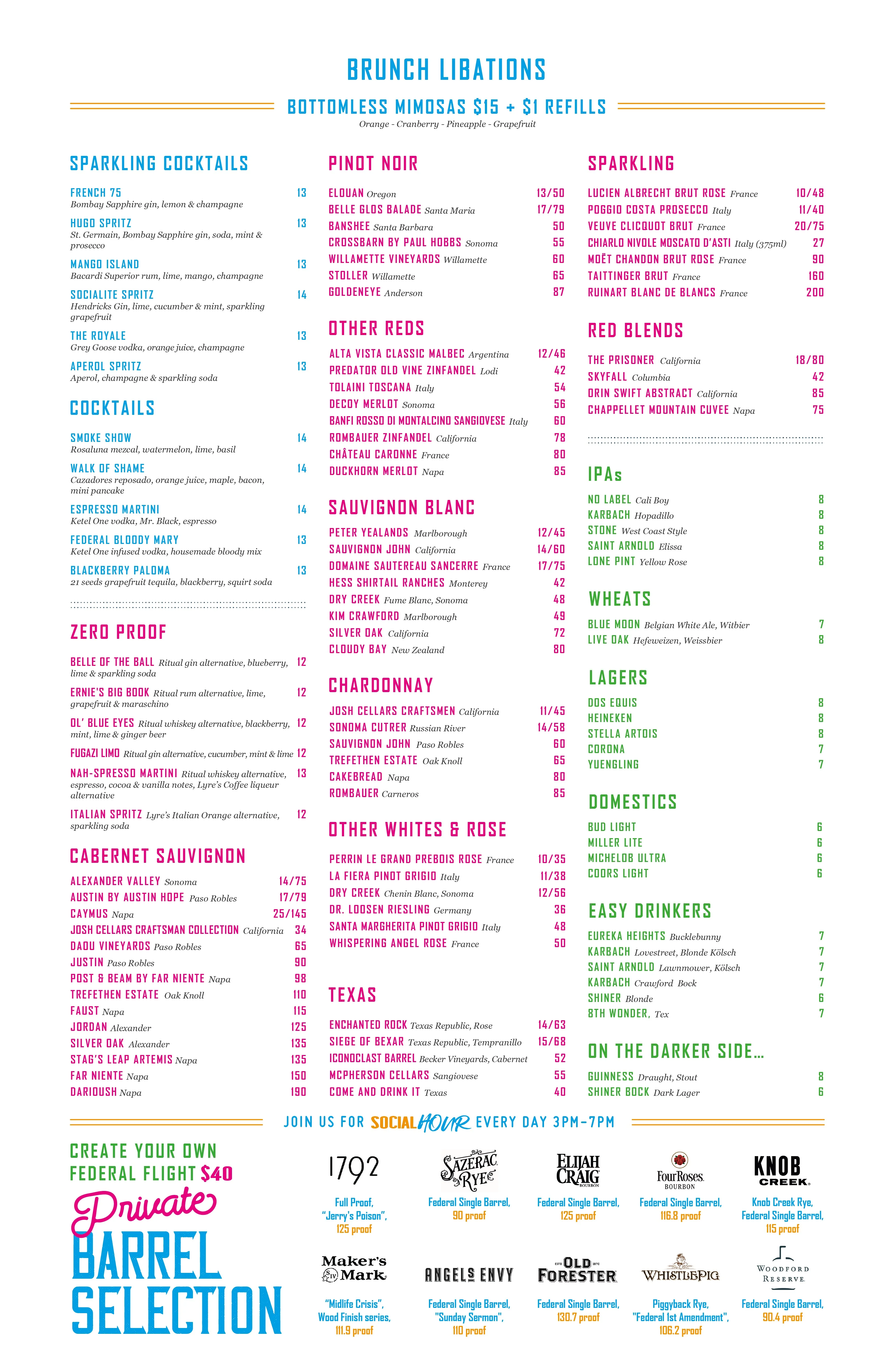 Brunch drink menu featuring cocktails and wines