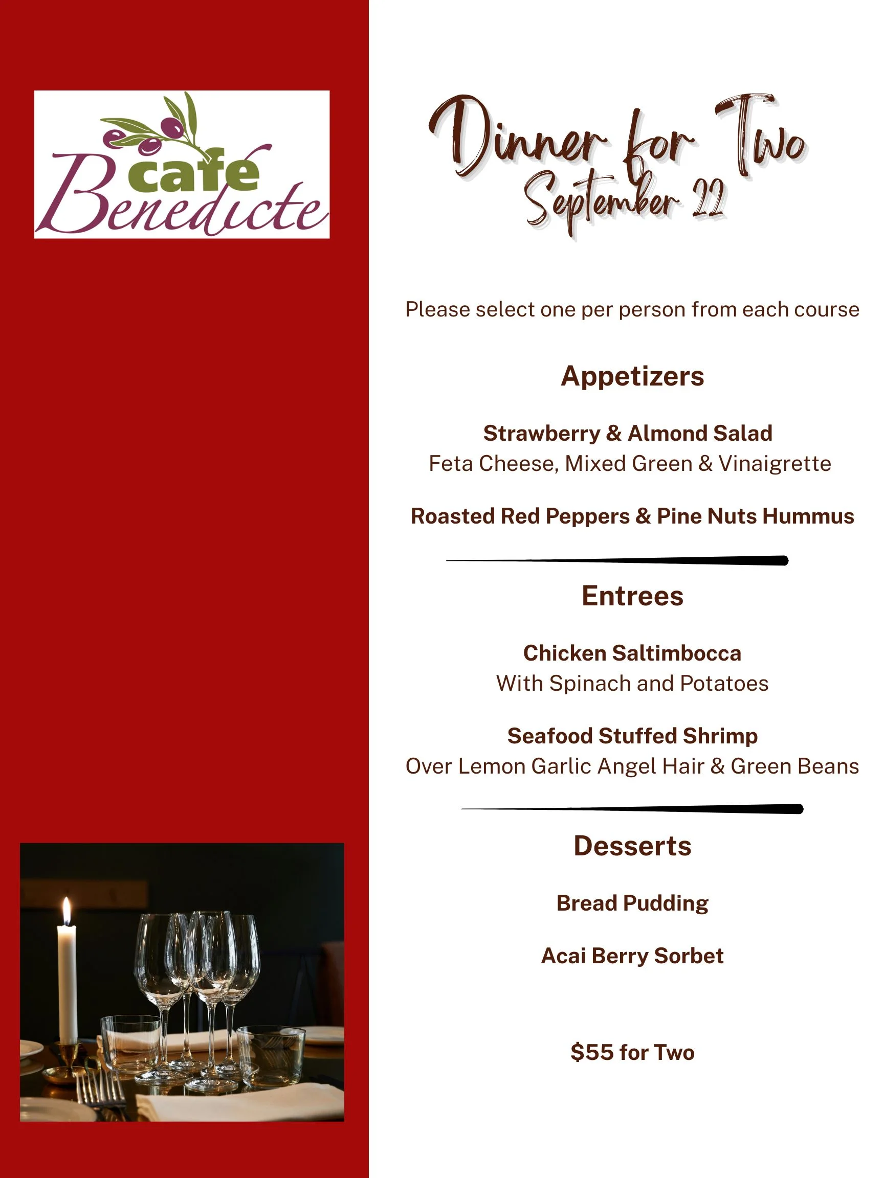 Elegant dinner menu for two featuring appetizers, entrees, and desserts