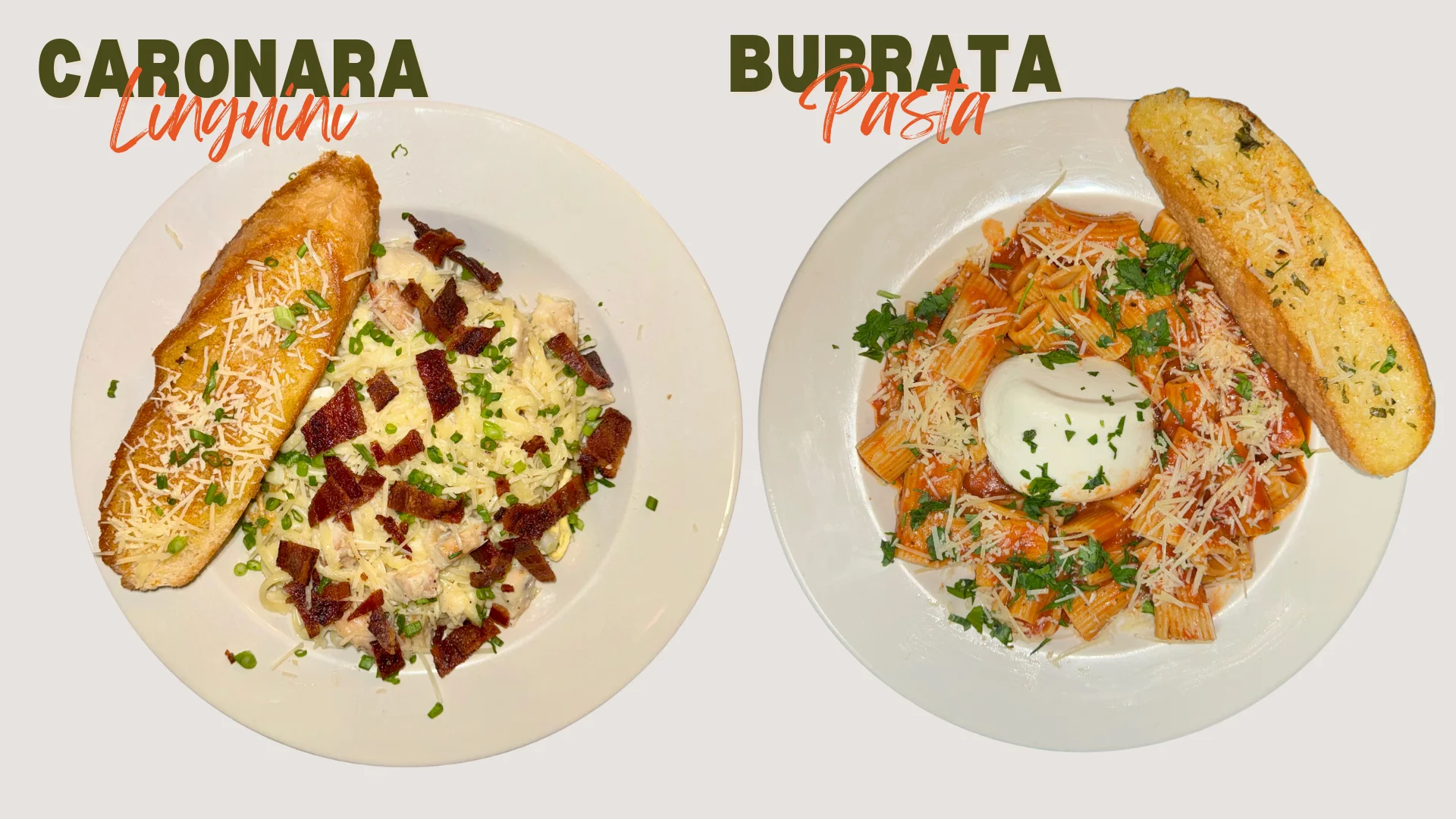Italian carbonara linguini and burrata pasta with garlic bread
