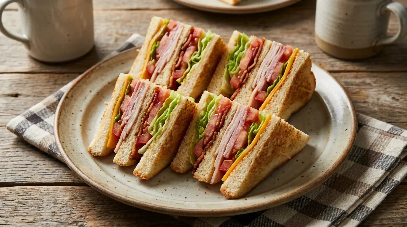 Classic club sandwich with layers of meat and fresh vegetables