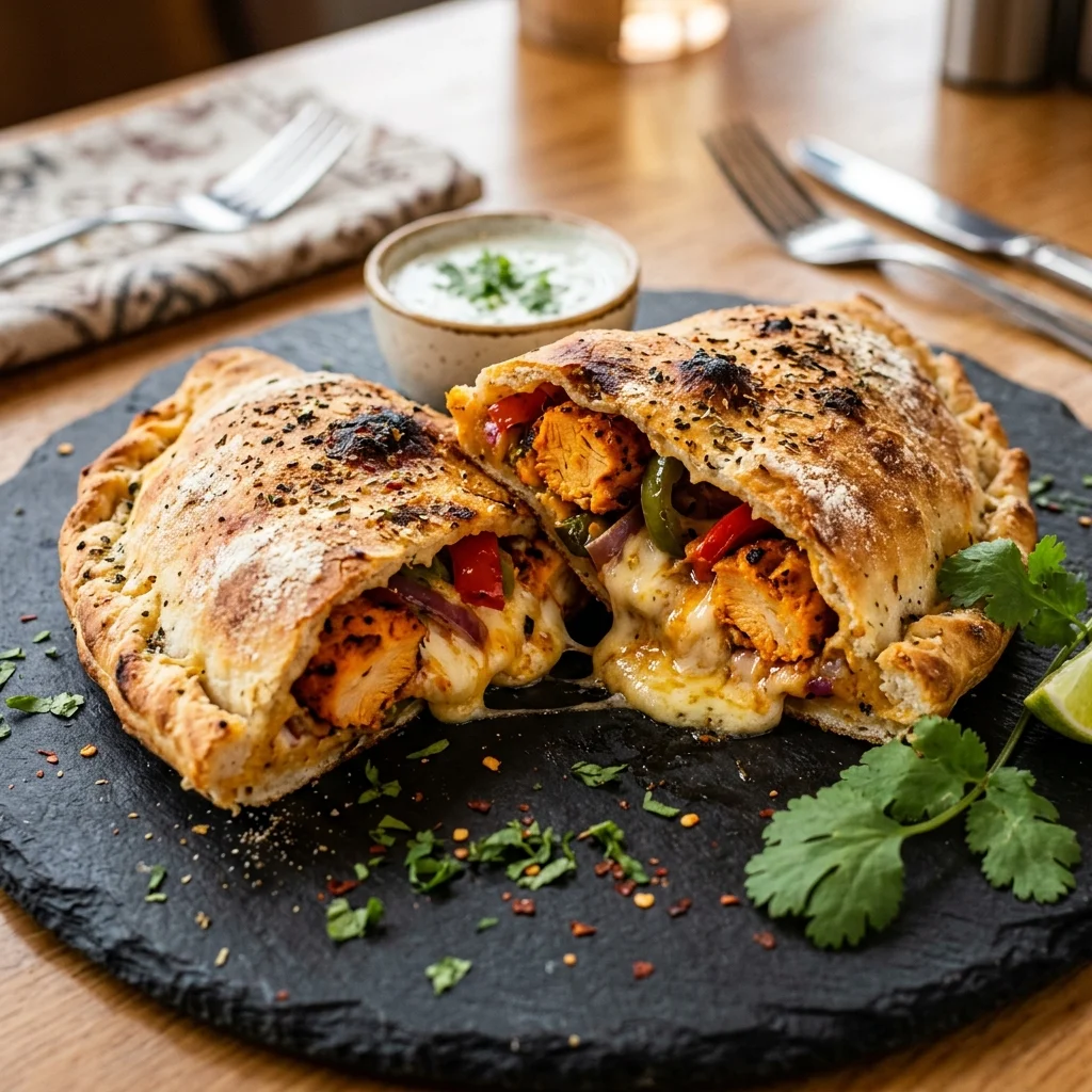 Cheesy chicken calzone with colorful vegetables