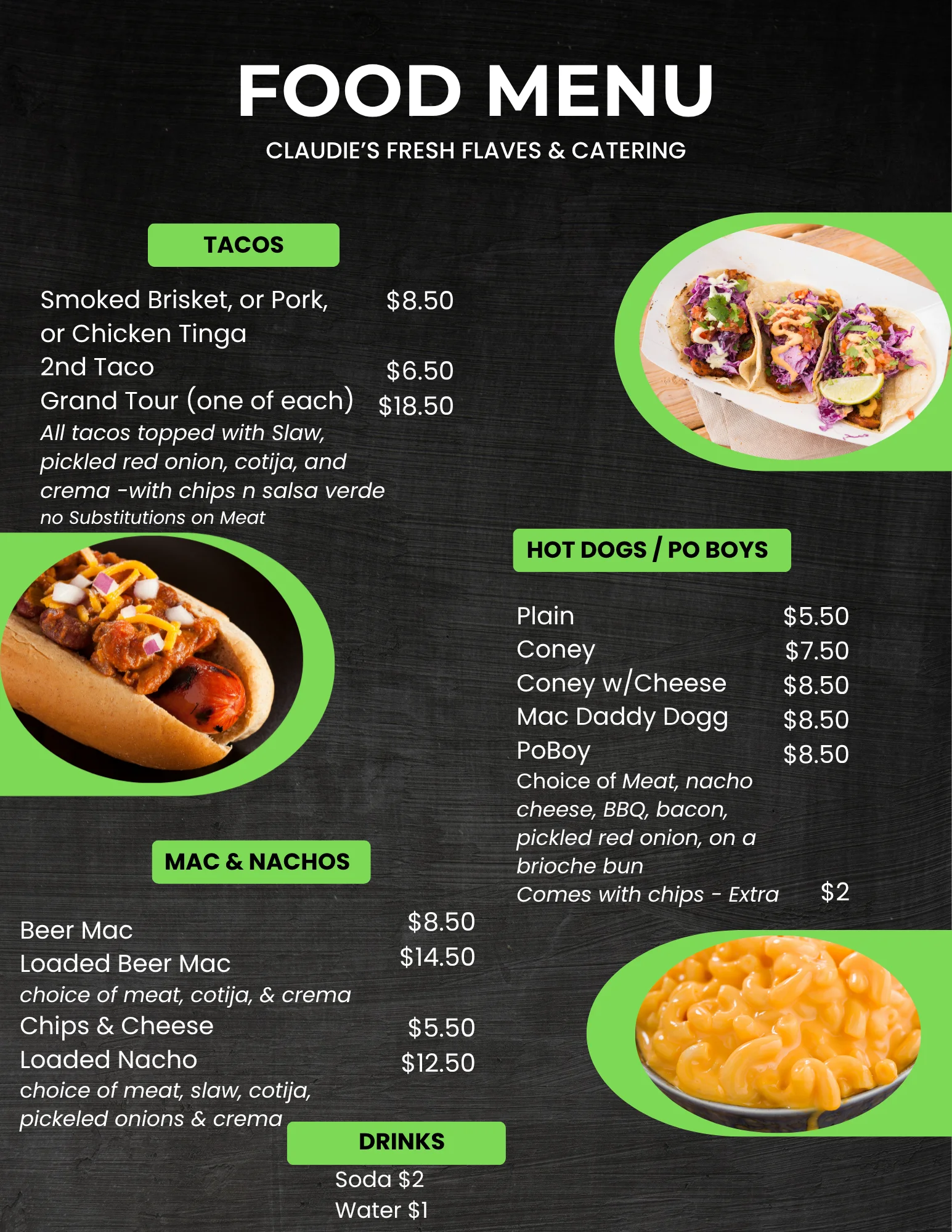 Food menu featuring tacos, hot dogs, mac and nachos, and drinks.