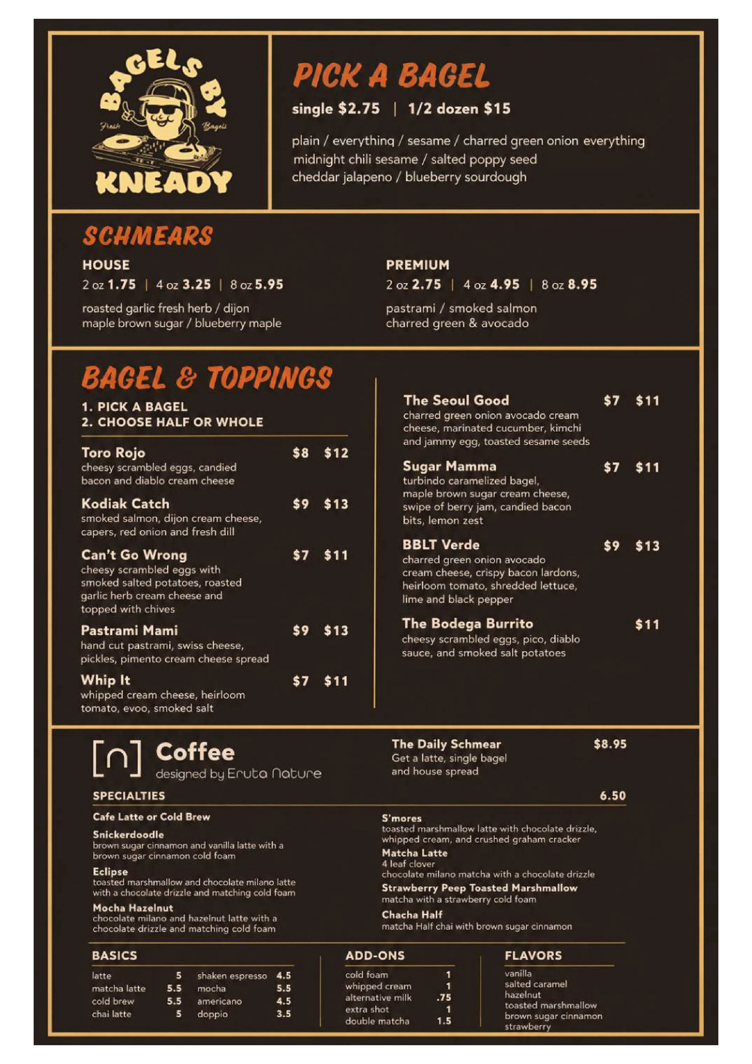 Menu for Bagels by Kneady featuring various bagel options and toppings.