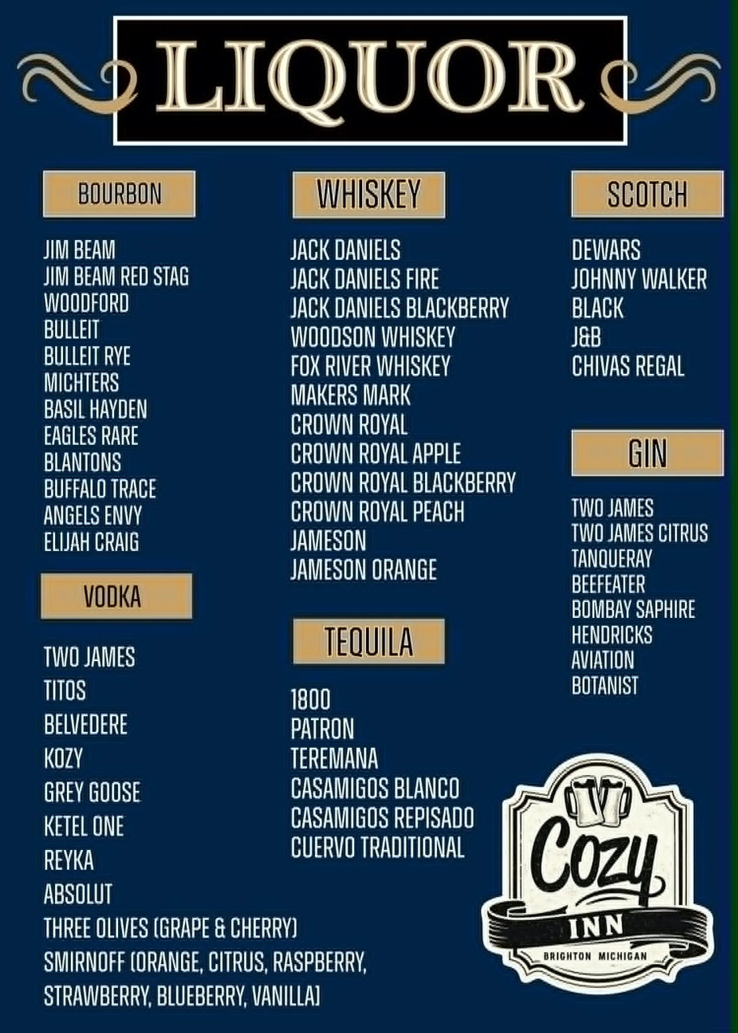 Extensive liquor menu featuring bourbon, whiskey, gin, and tequila selections