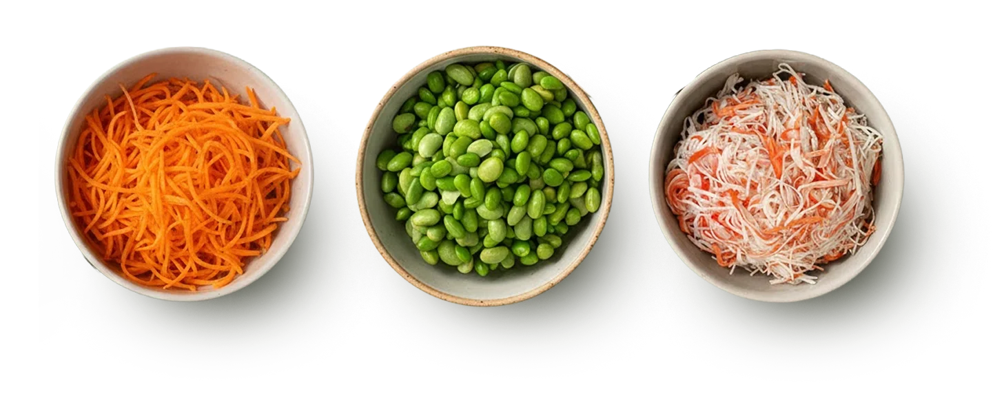 Colorful Asian salad ingredients in bowls