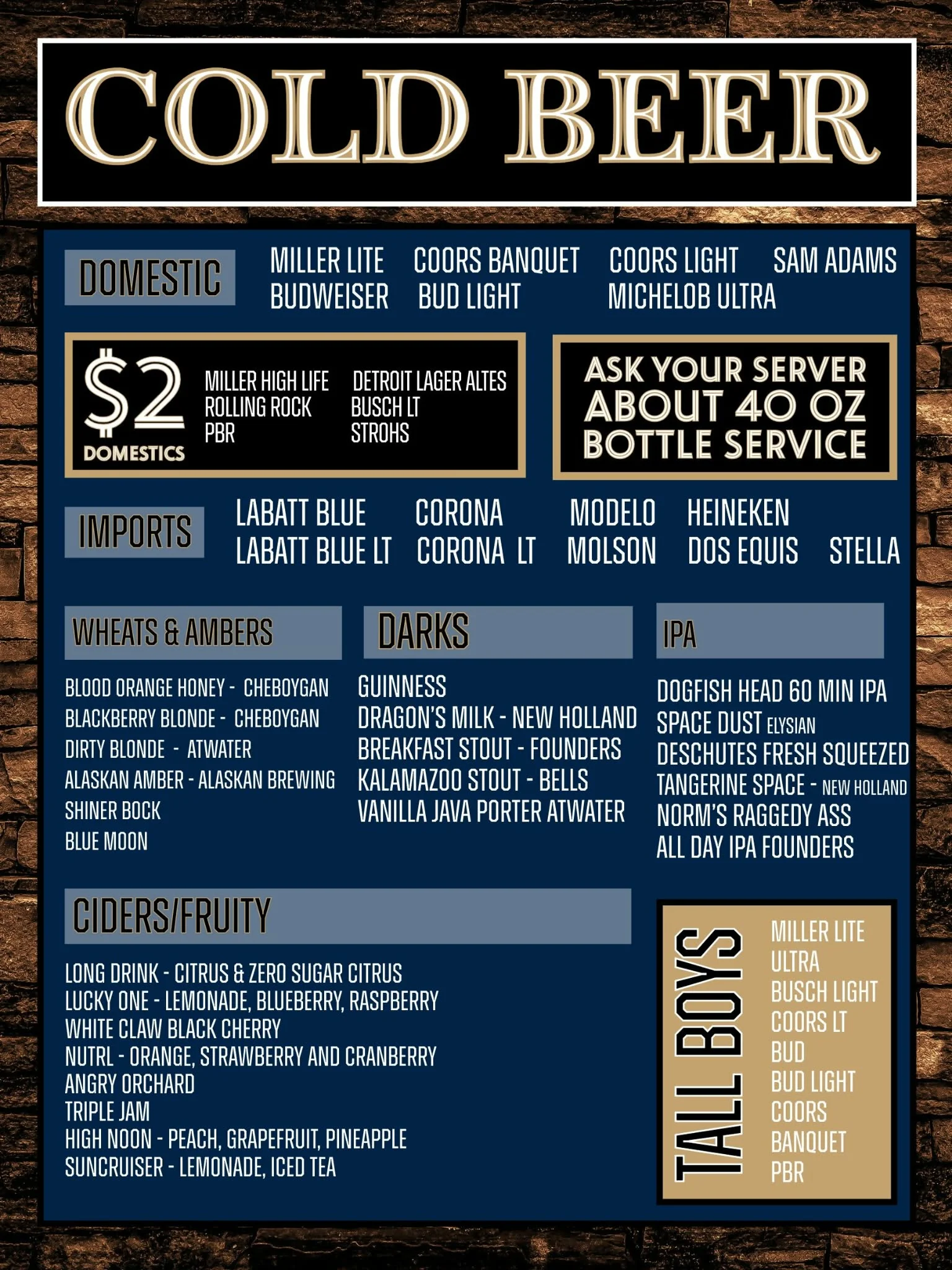 Craft beer menu featuring a variety of domestic and imported beers