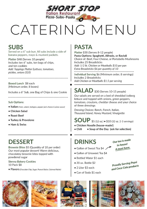 Catering menu for Italian restaurant featuring subs, pasta, and salads