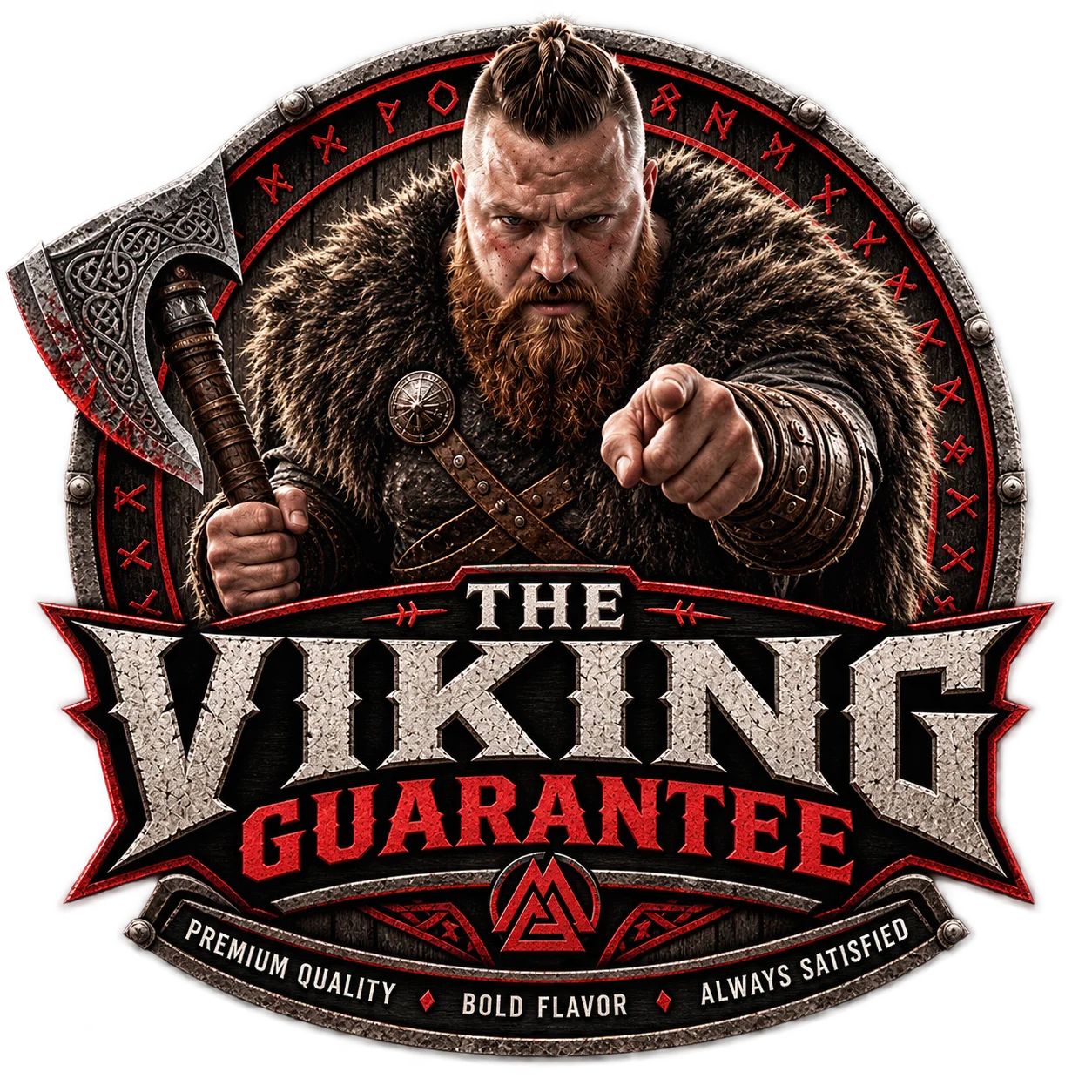 Viking-themed logo with a fierce warrior and axe, representing bold flavor guarantee