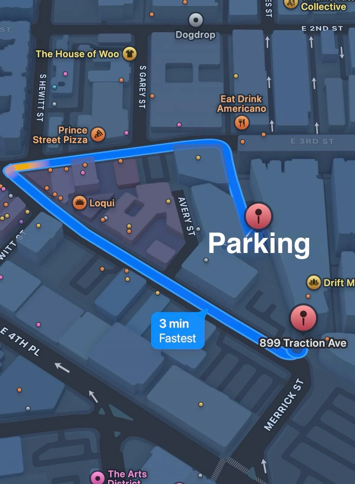 Map showing parking route near popular restaurants