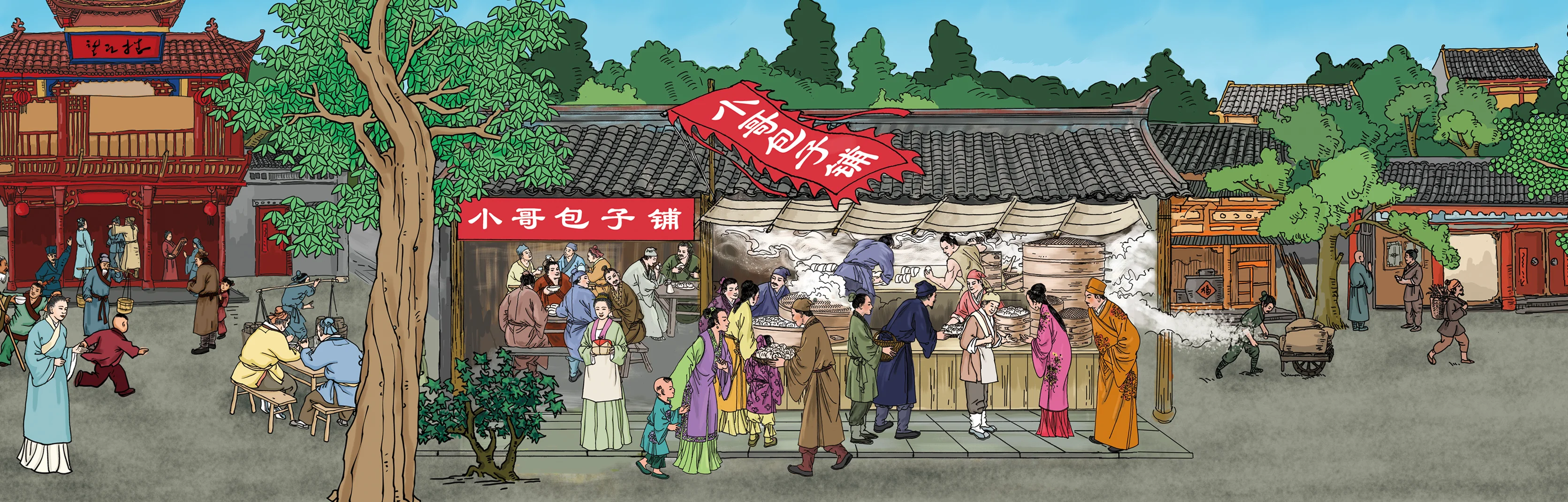 Traditional Chinese street food market with vendors and customers