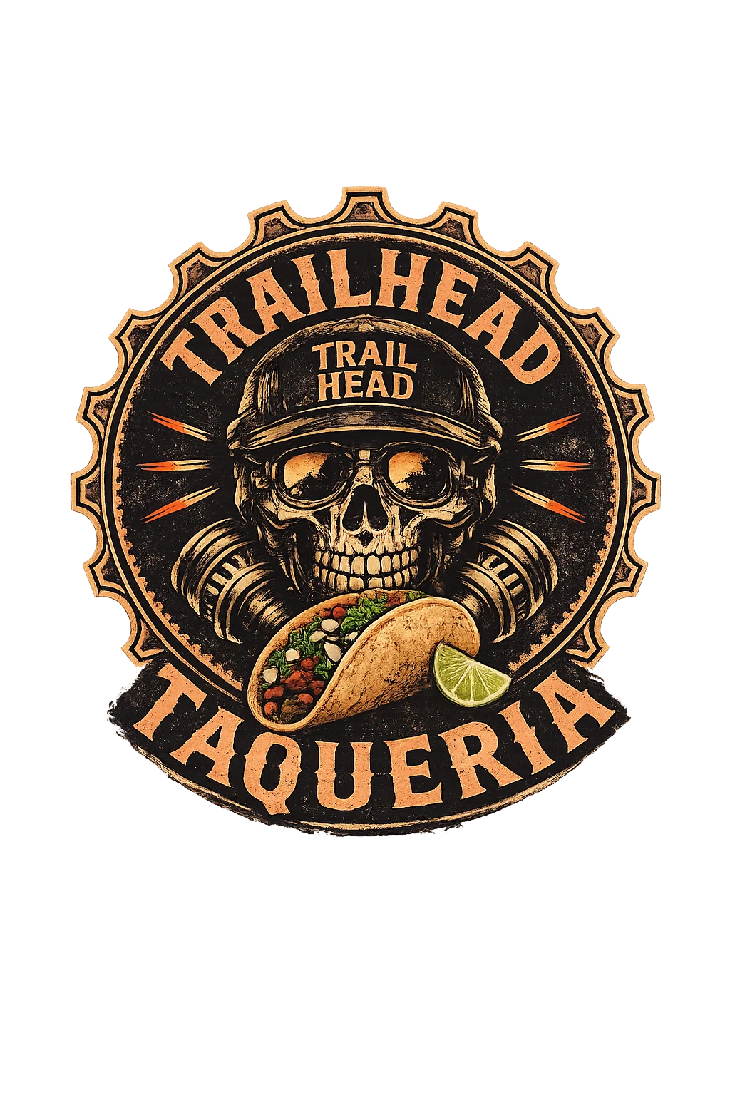 Logo of Trailhead Taqueria featuring a skull and taco design.