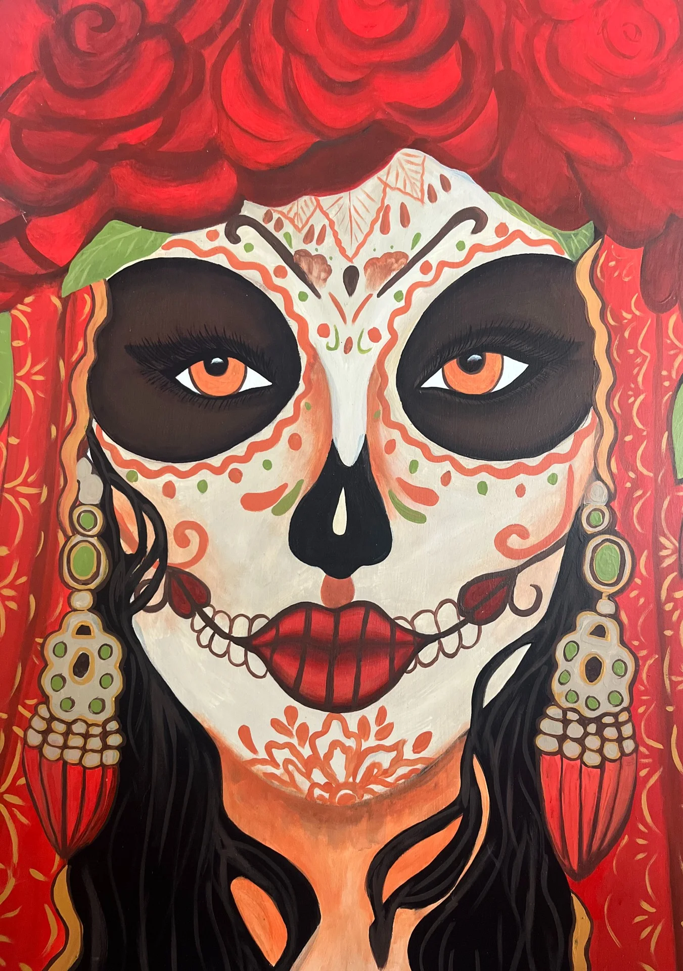 Colorful sugar skull art with floral details