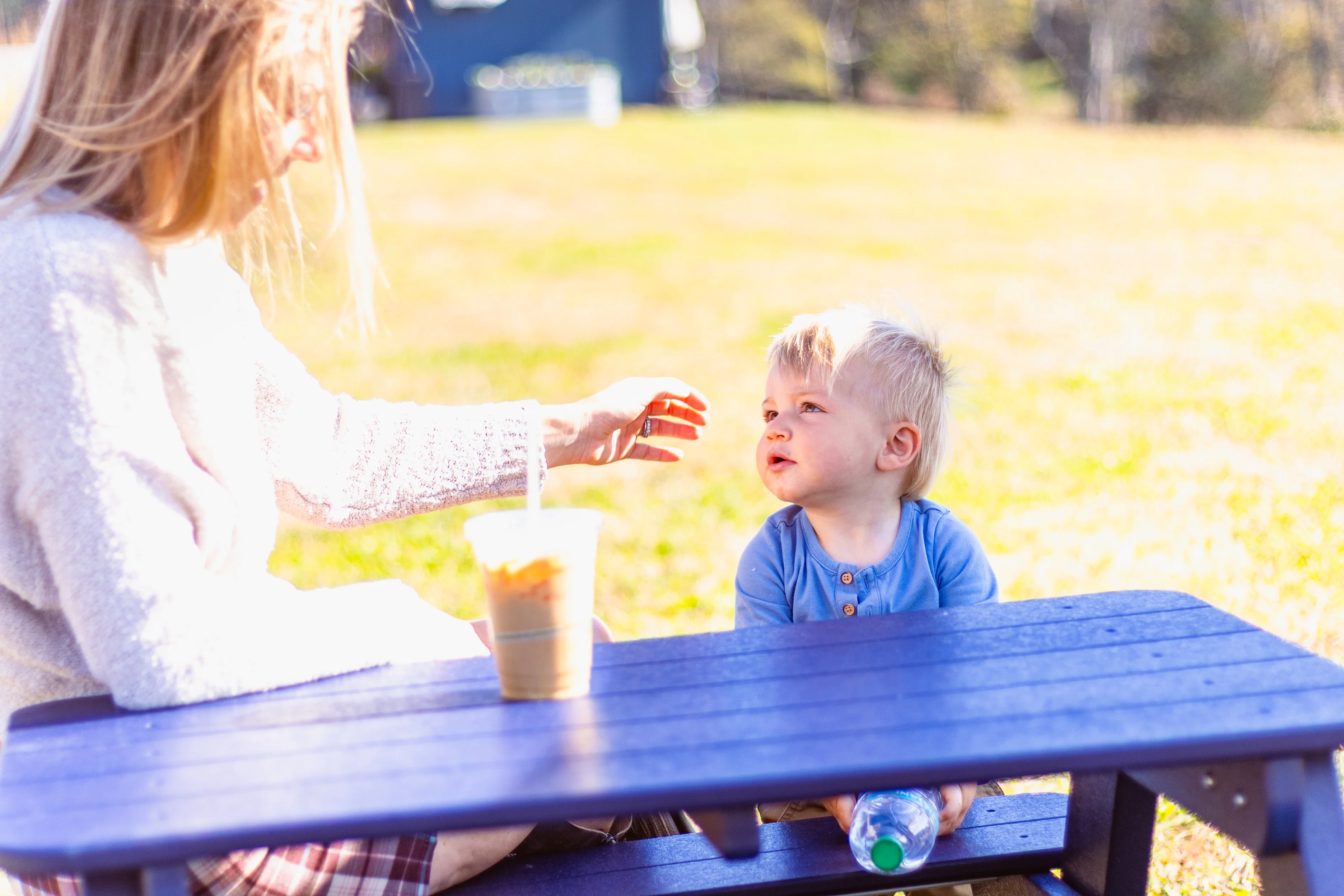 Mother and child enjoying a sunny day at a picnic table