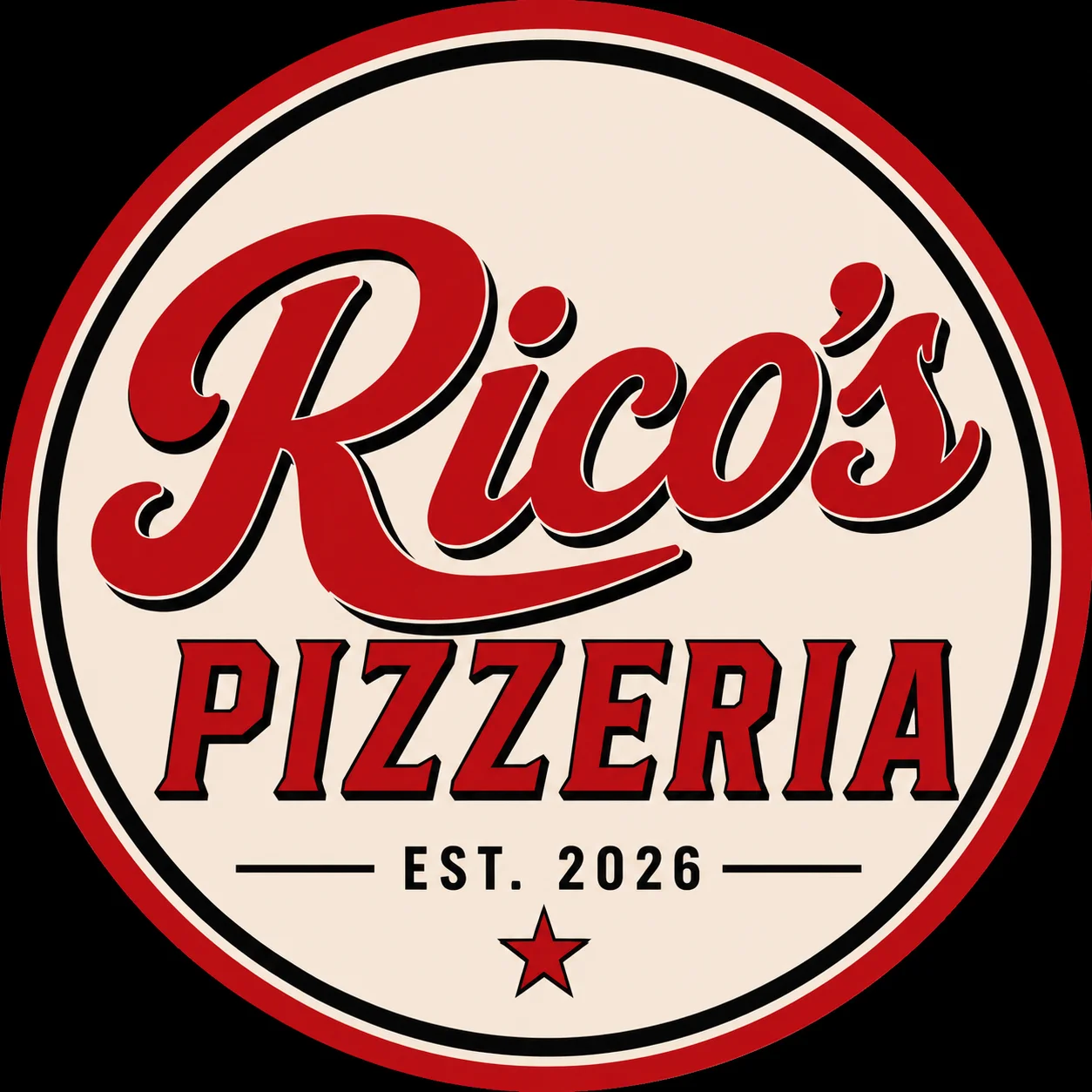 A circular logo for a pizzeria featuring bold red text on a cream background. The establishment year is noted as 2026.