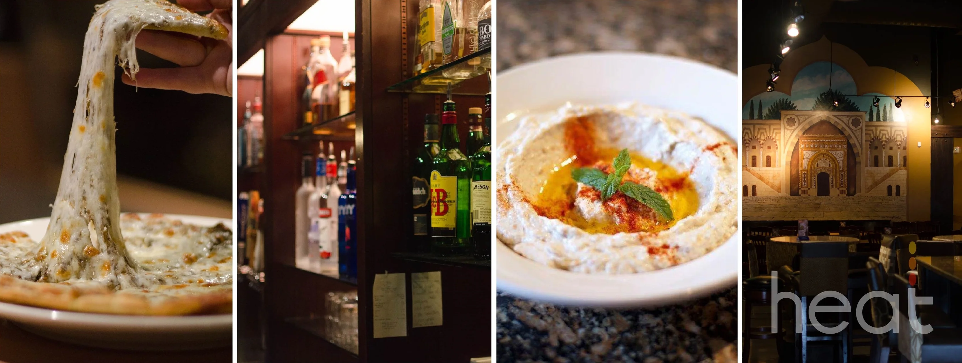 Restaurant collage with cheese pizza, liquor shelf, plated dish, and dining room mural
