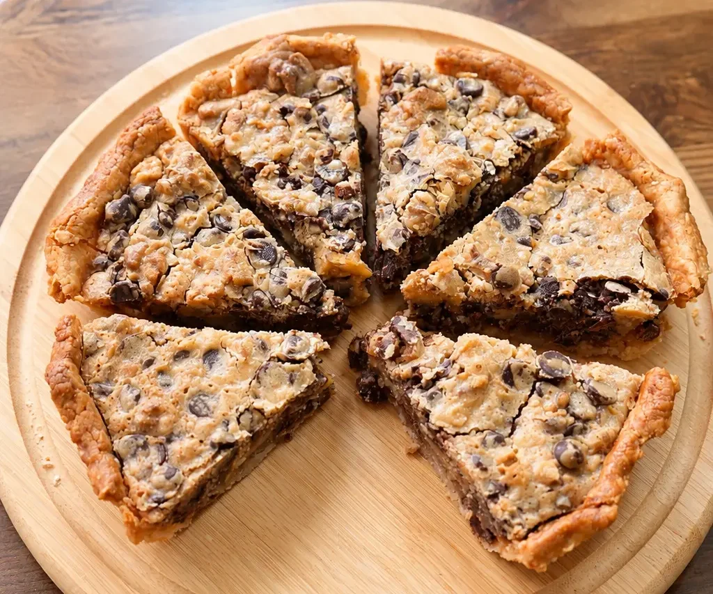 American chocolate chip cookie pie sliced on a wooden serving board