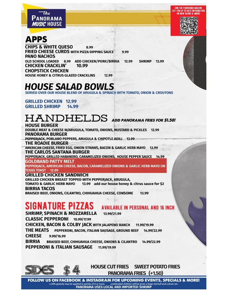 Menu featuring diverse American comfort food options