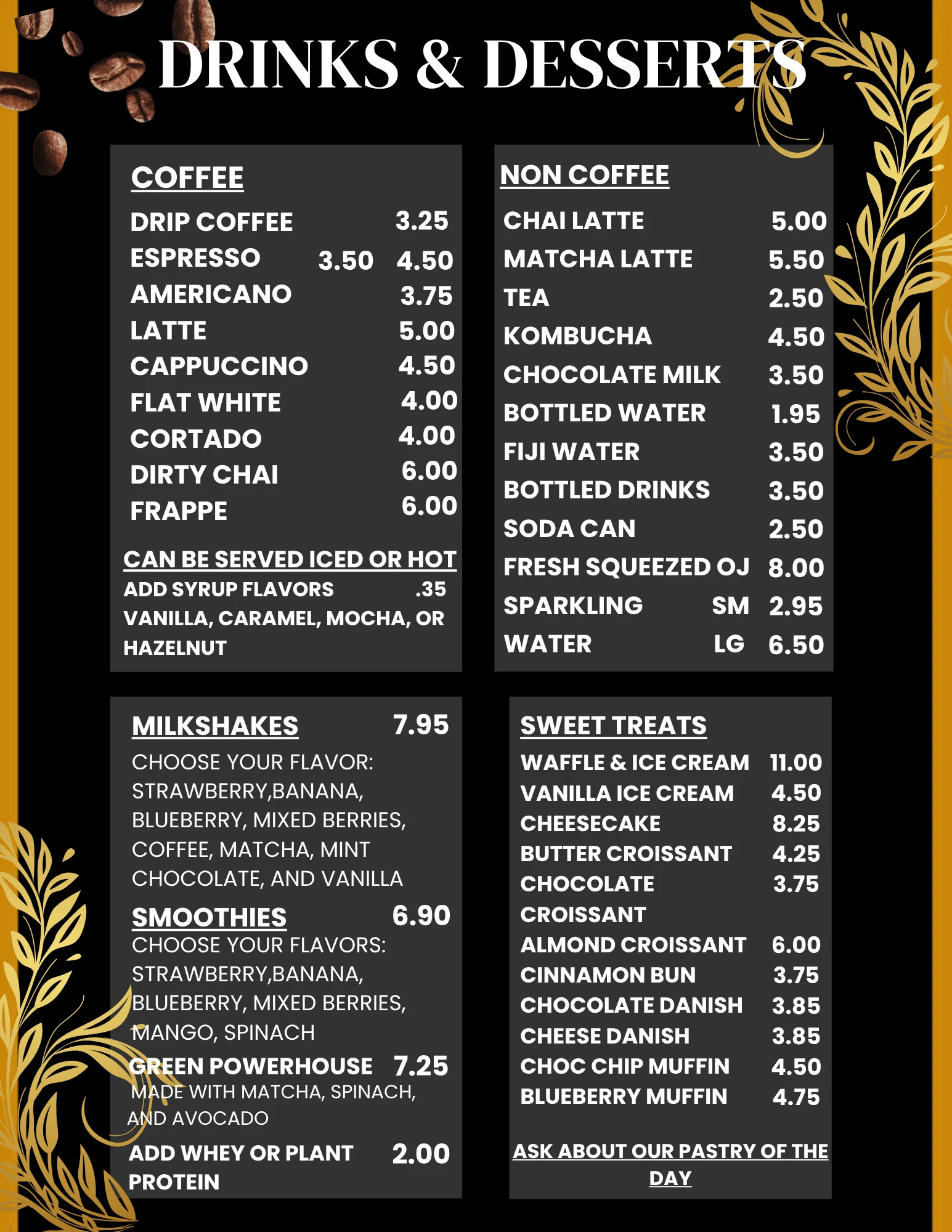 Menu featuring a variety of drinks and desserts in a cozy café setting
