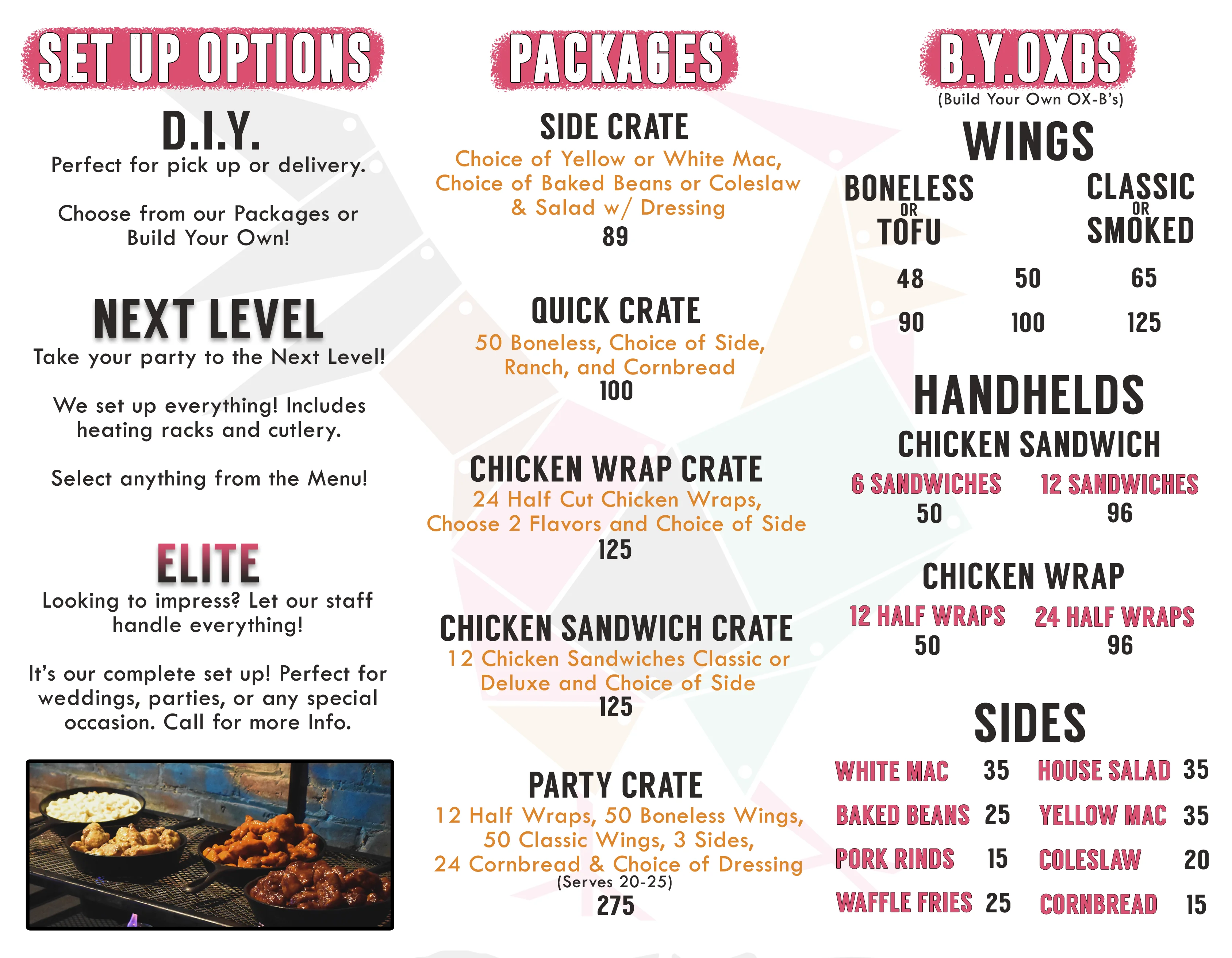 Catering menu featuring party packages and food options