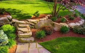 Beautifully landscaped garden with stone steps and lush greenery